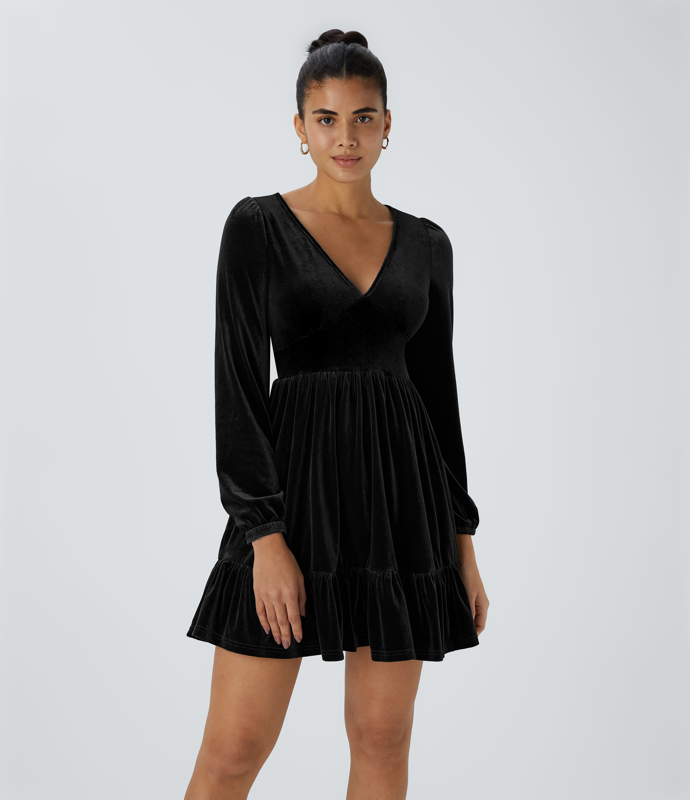 Everyday Deep V Neck Long Sleeve Ruffled Hem Velvet Women Casual Mini Party Dress