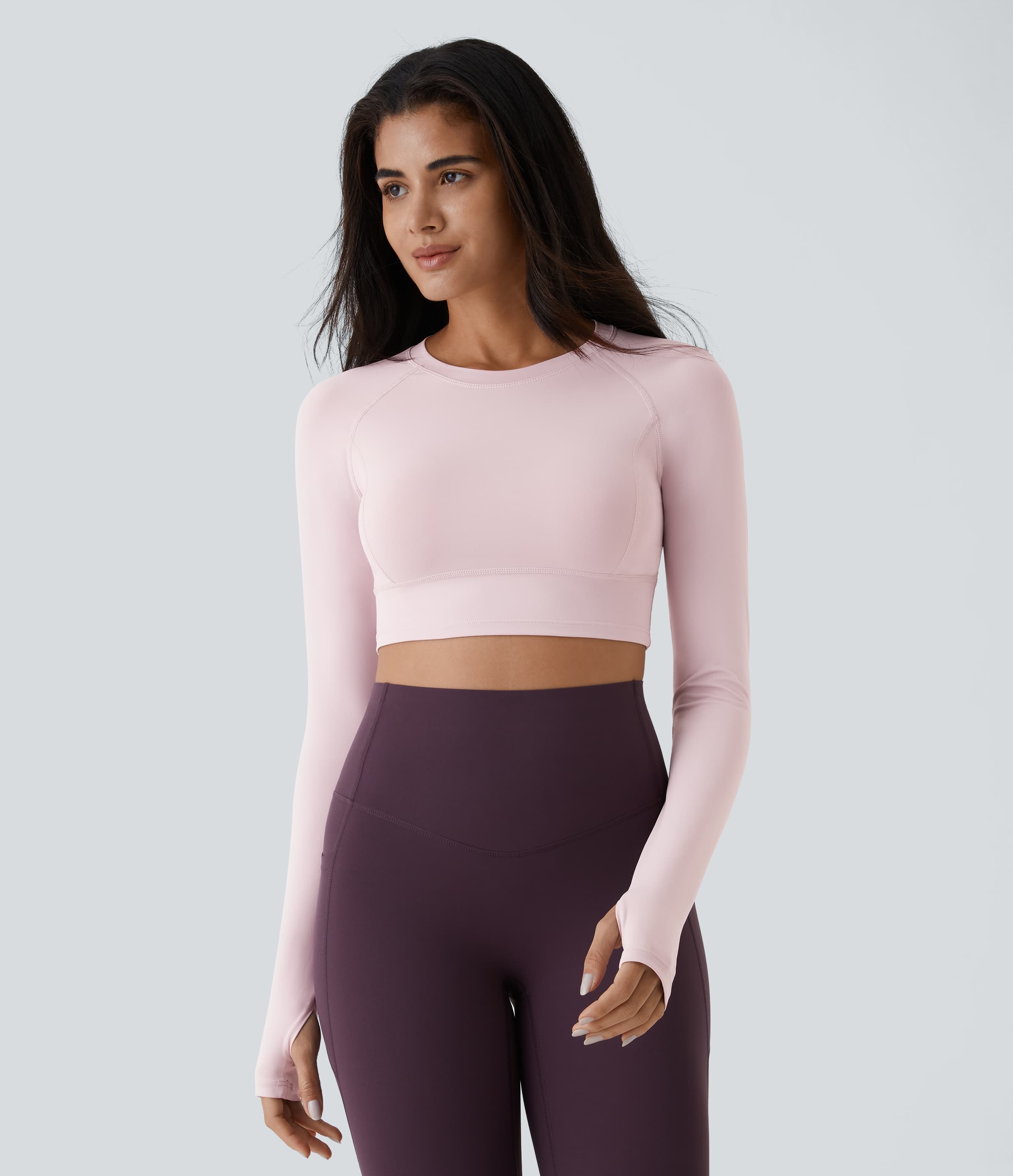 Solid Thumb Hole Cropped Women Yoga Sports Top