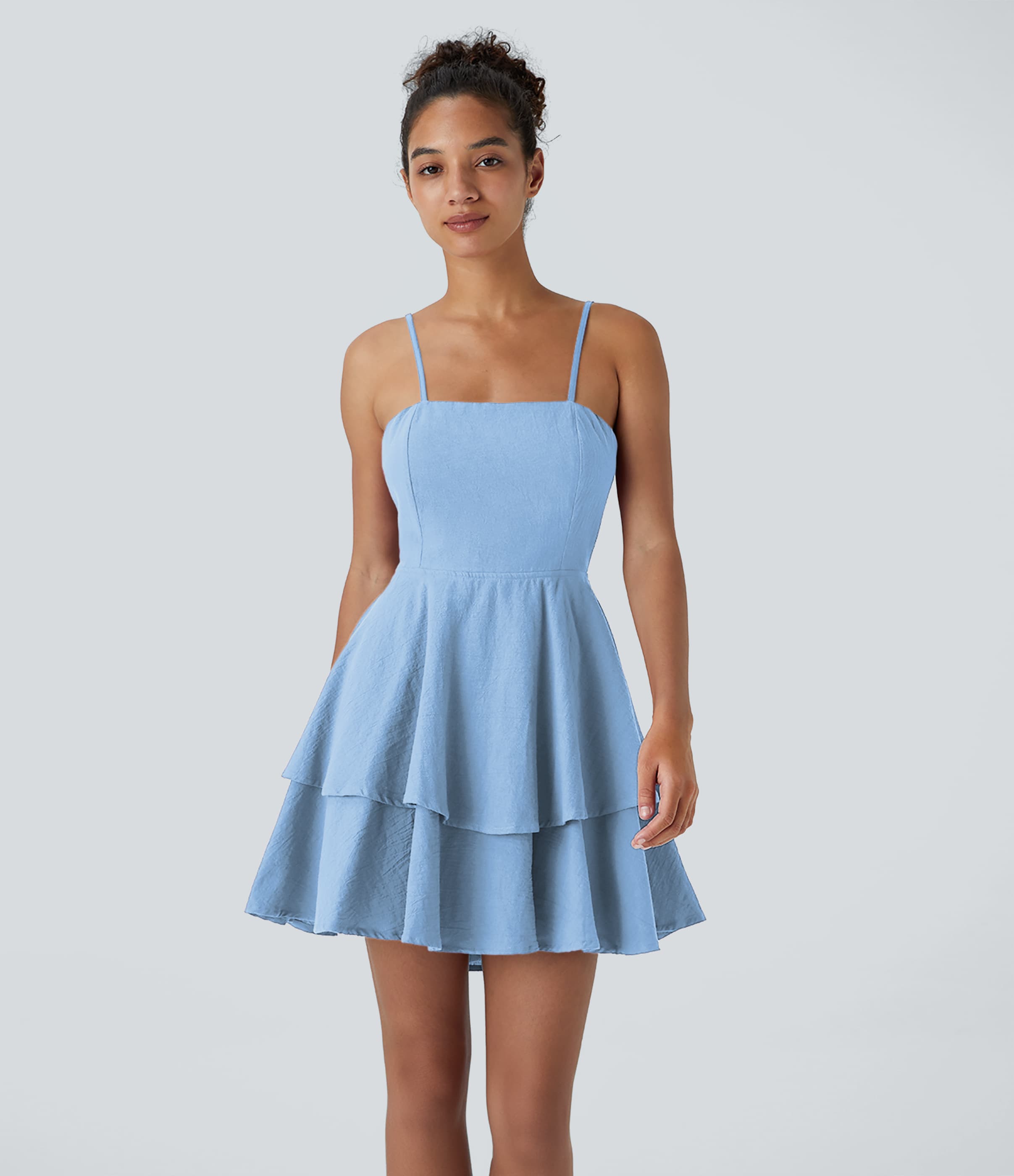 Tie Back Tiered Ruffle Flowy Slip Mini Casual Linen-Feel Dress