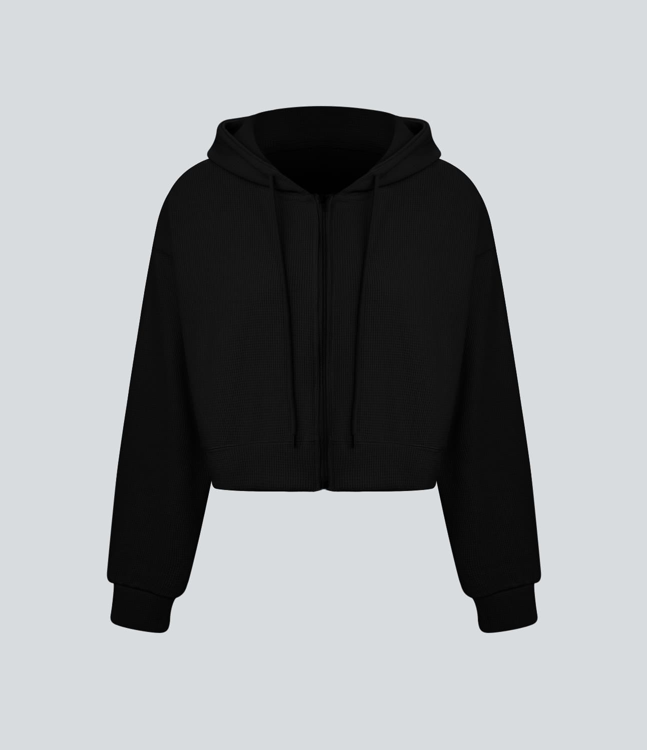 Waffle Hooded Drawstring Zipper Cropped Casual Cotton Sports Sweatshirt