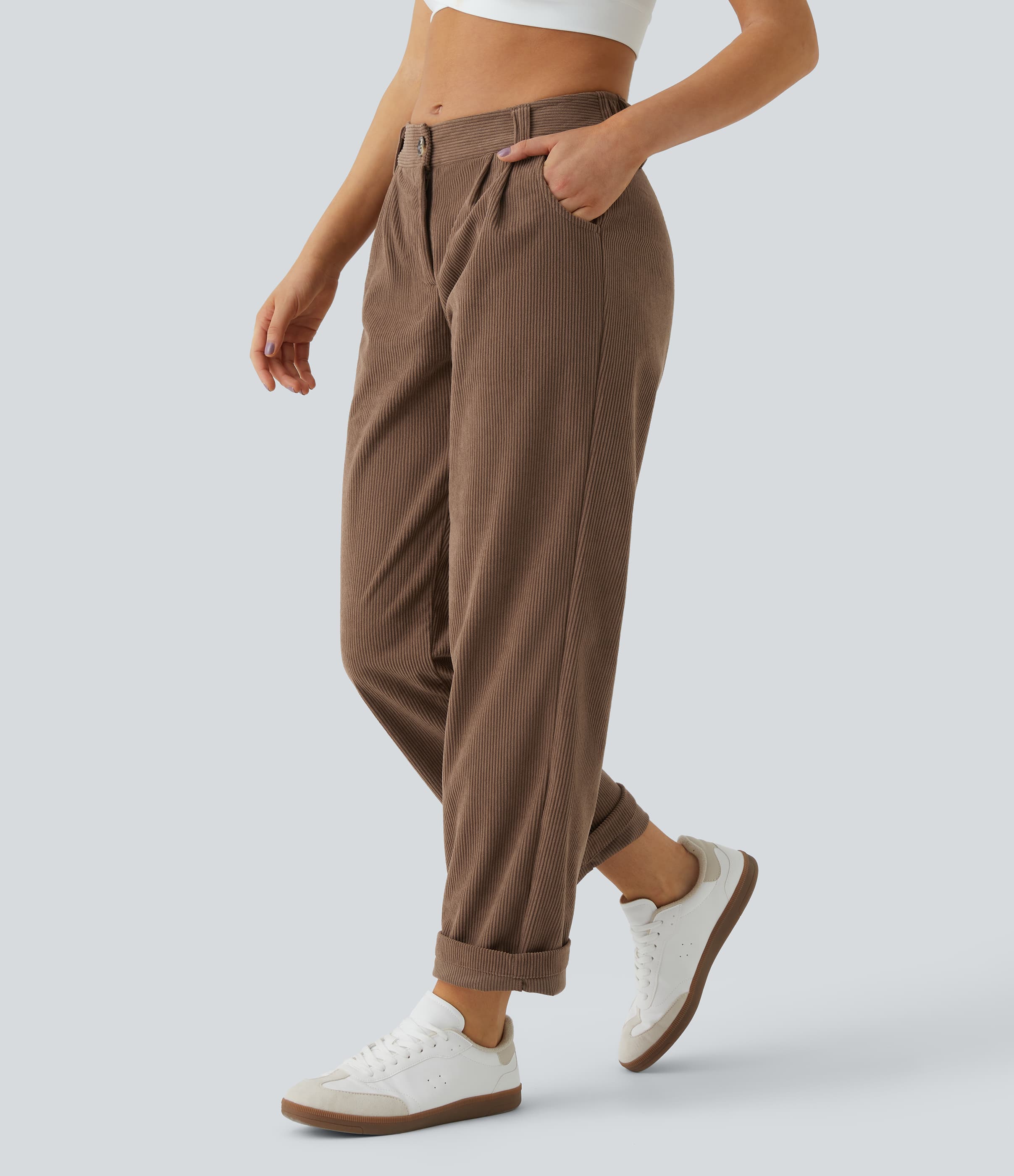 Mid Rise Zipper Pocket Corduroy Smart Casual Women Pants