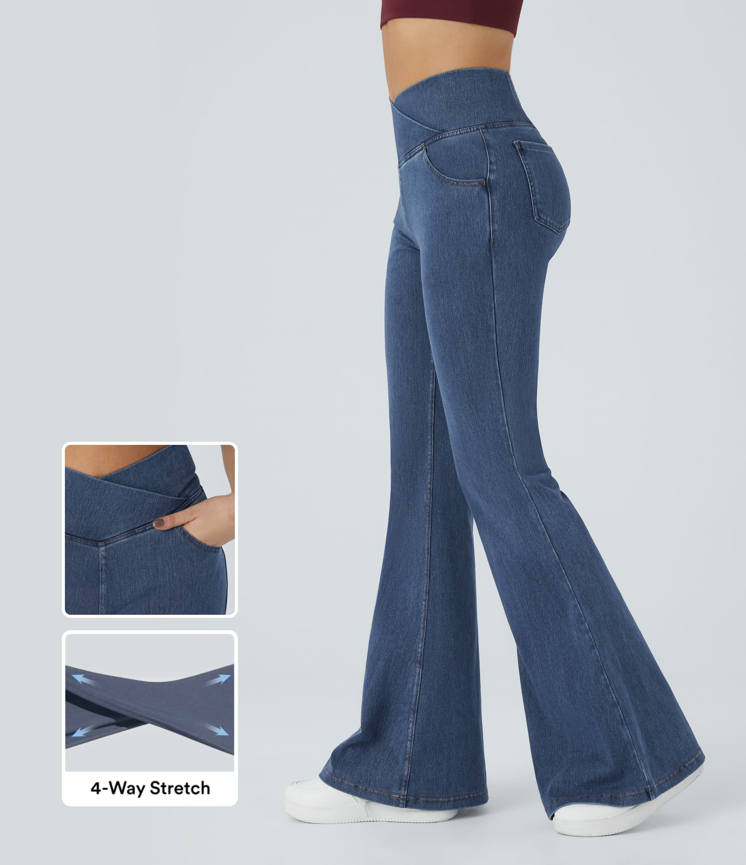 High Waisted Crossover Pocket Washed Flare Casual Jeans