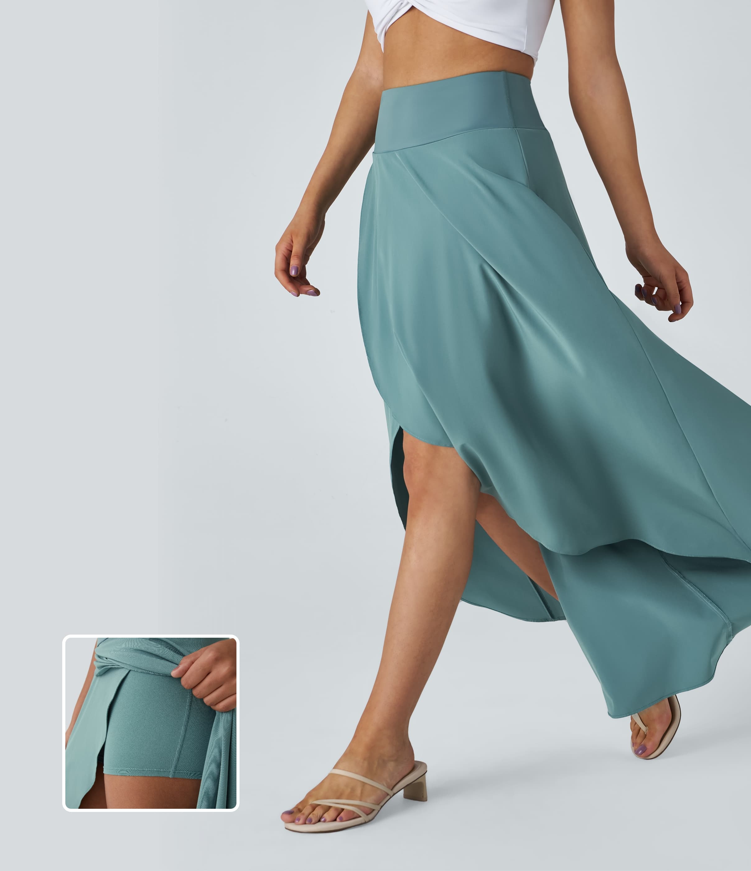 High Waisted High Low Ruffle 2-in-1 Flowy Quick Dry Casual Regular Maxi Skirt