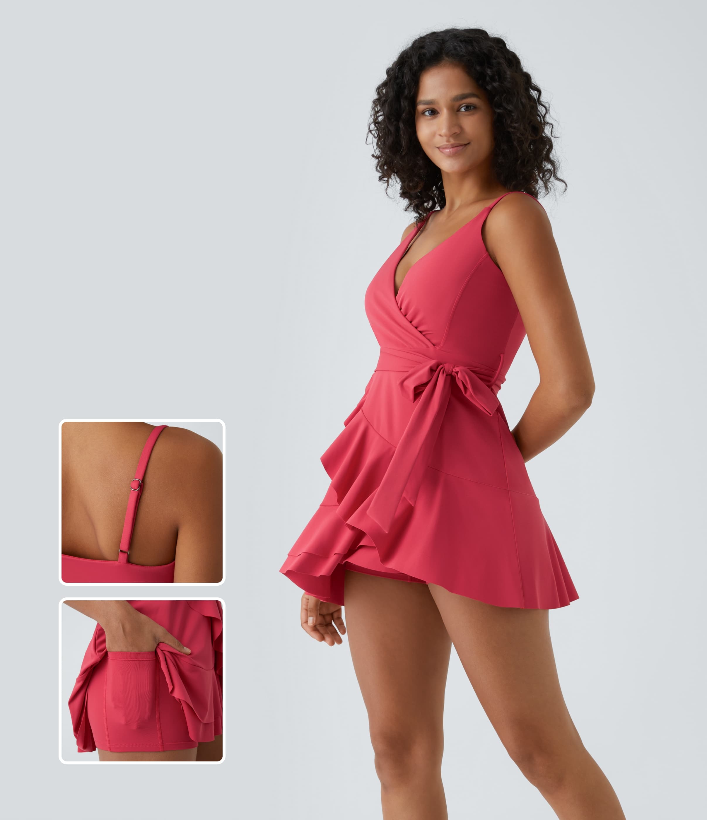 V Neck Tie Side Ruffle 2-Piece Pocket Flowy Mini Casual Dress A-D Cups