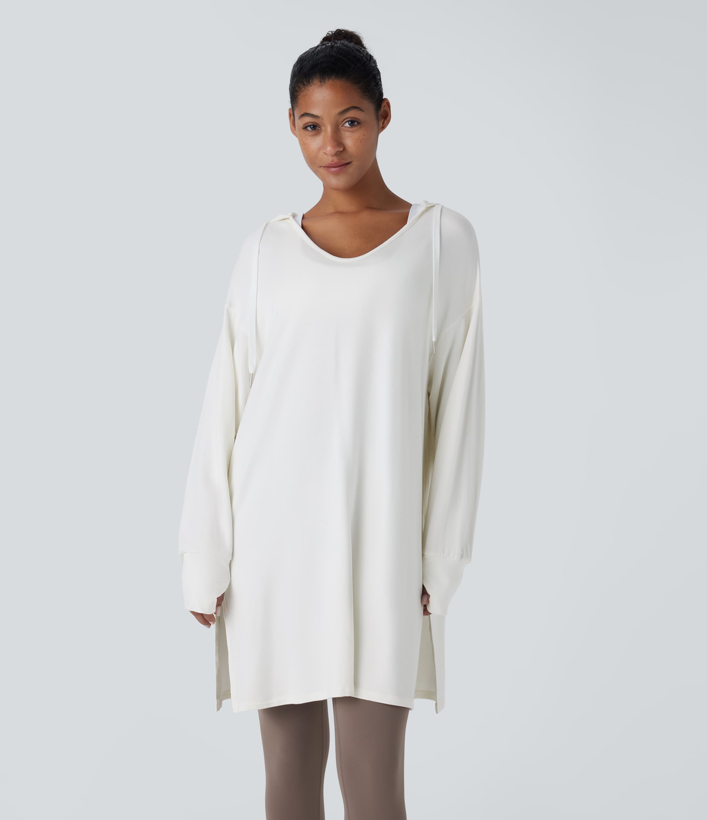 Hooded V Neck Drawstring Thumb Hole Longline Casual Sweatshirt