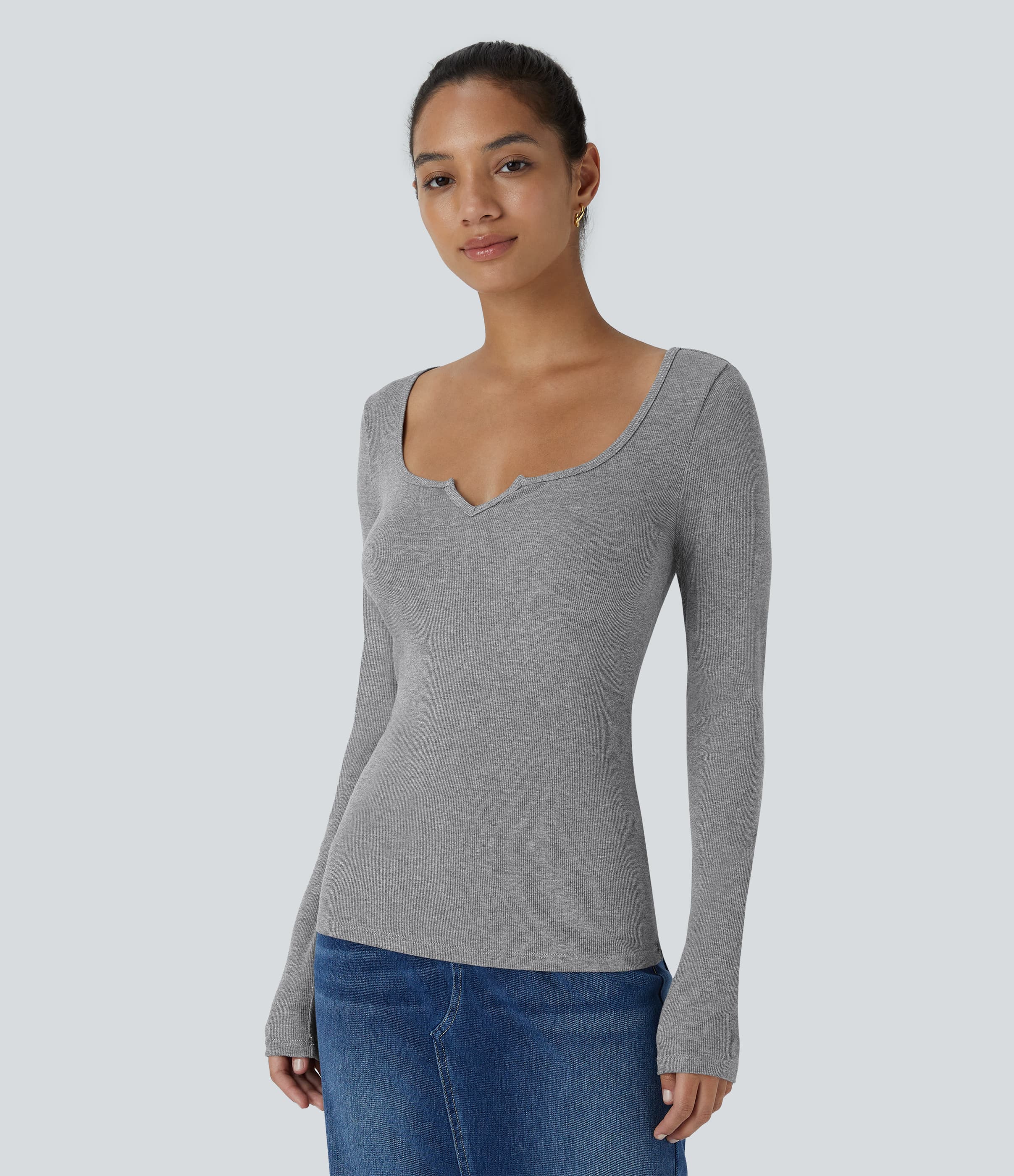 Ribbed Scoop Neck Long Sleeve Slim Casual Top