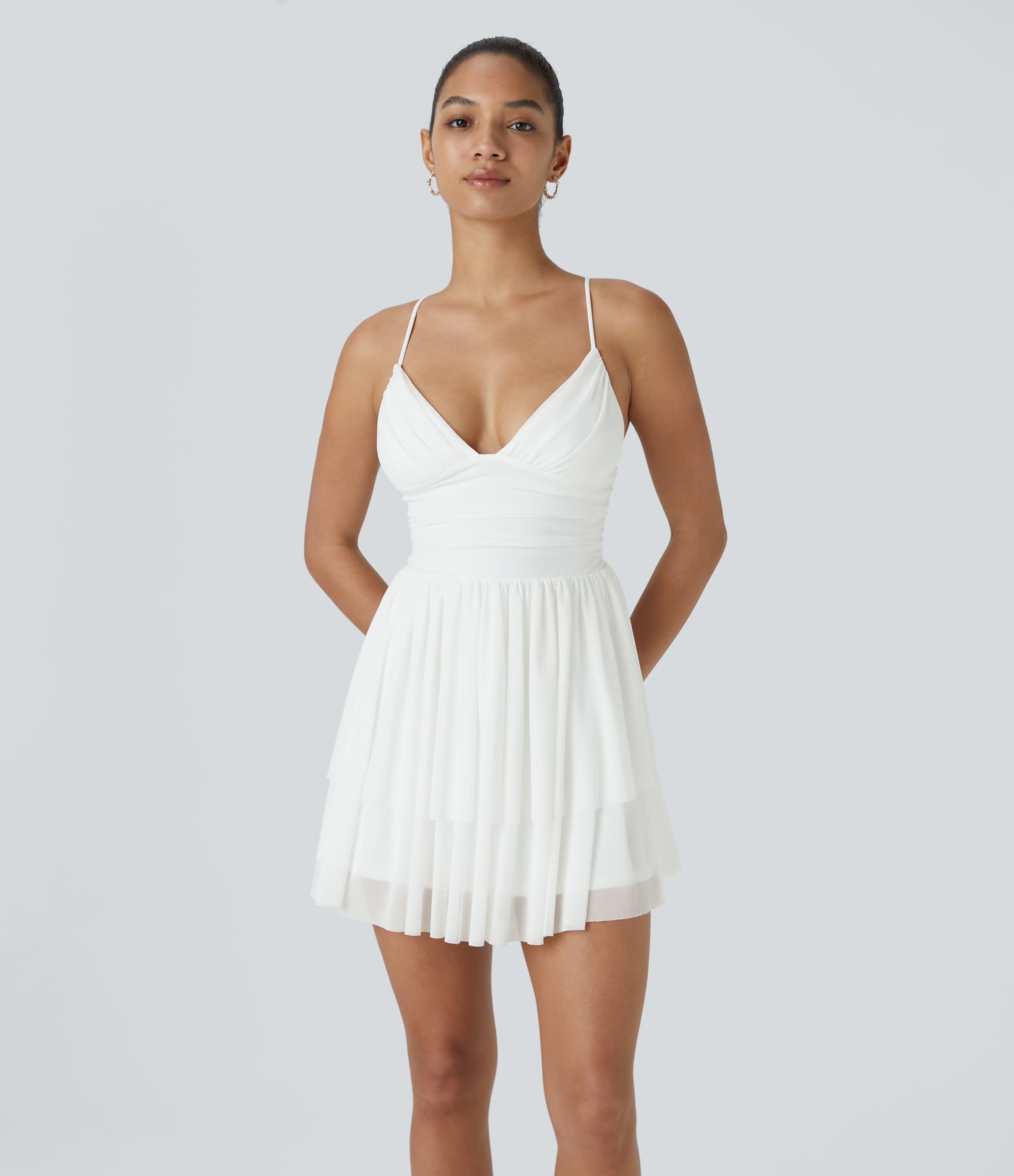 Lace Up Mesh Layered Mini Dress