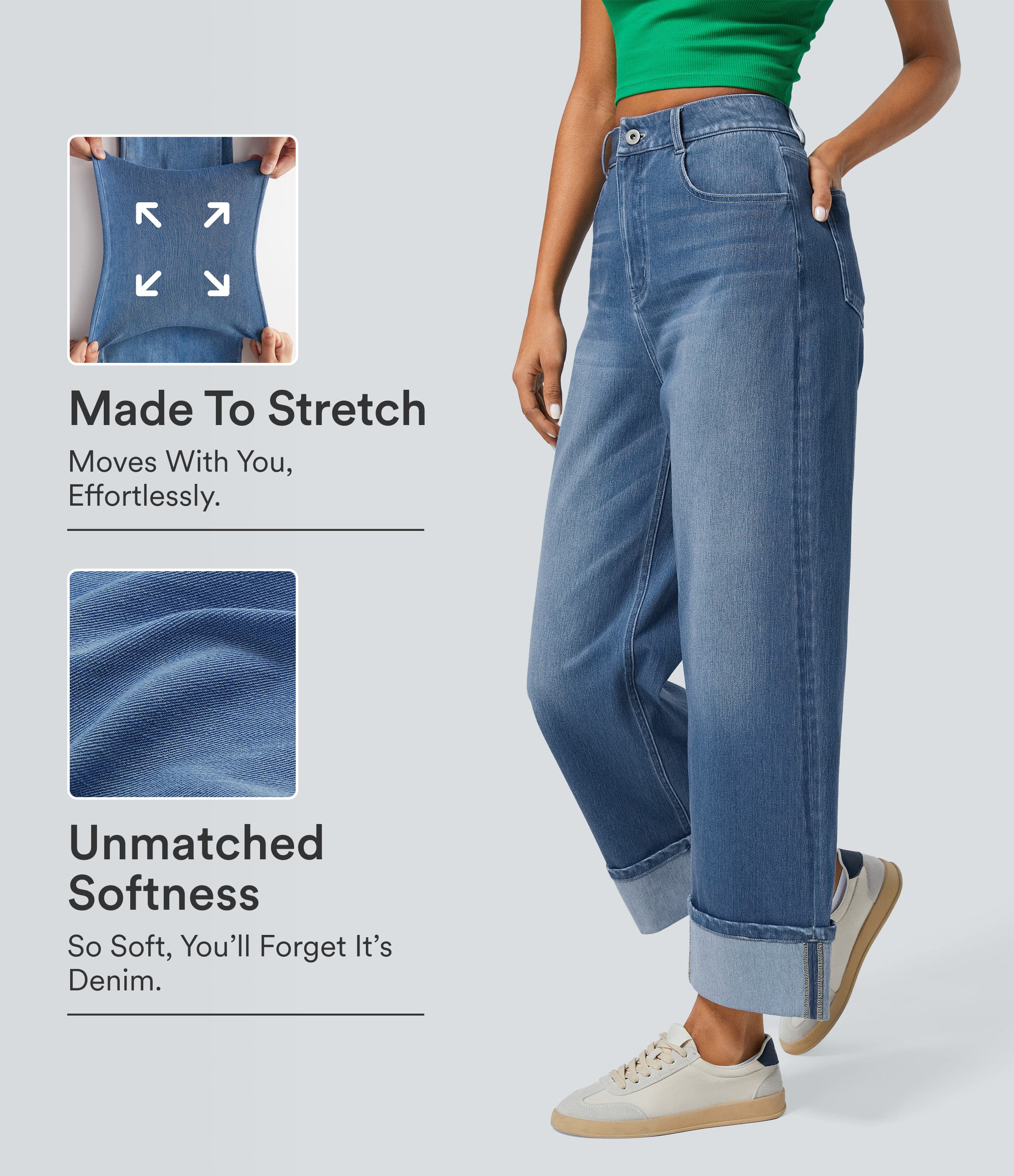 High Waisted Pockets Rolled Hem Wide Leg Washed Women Casual Denim Jeans