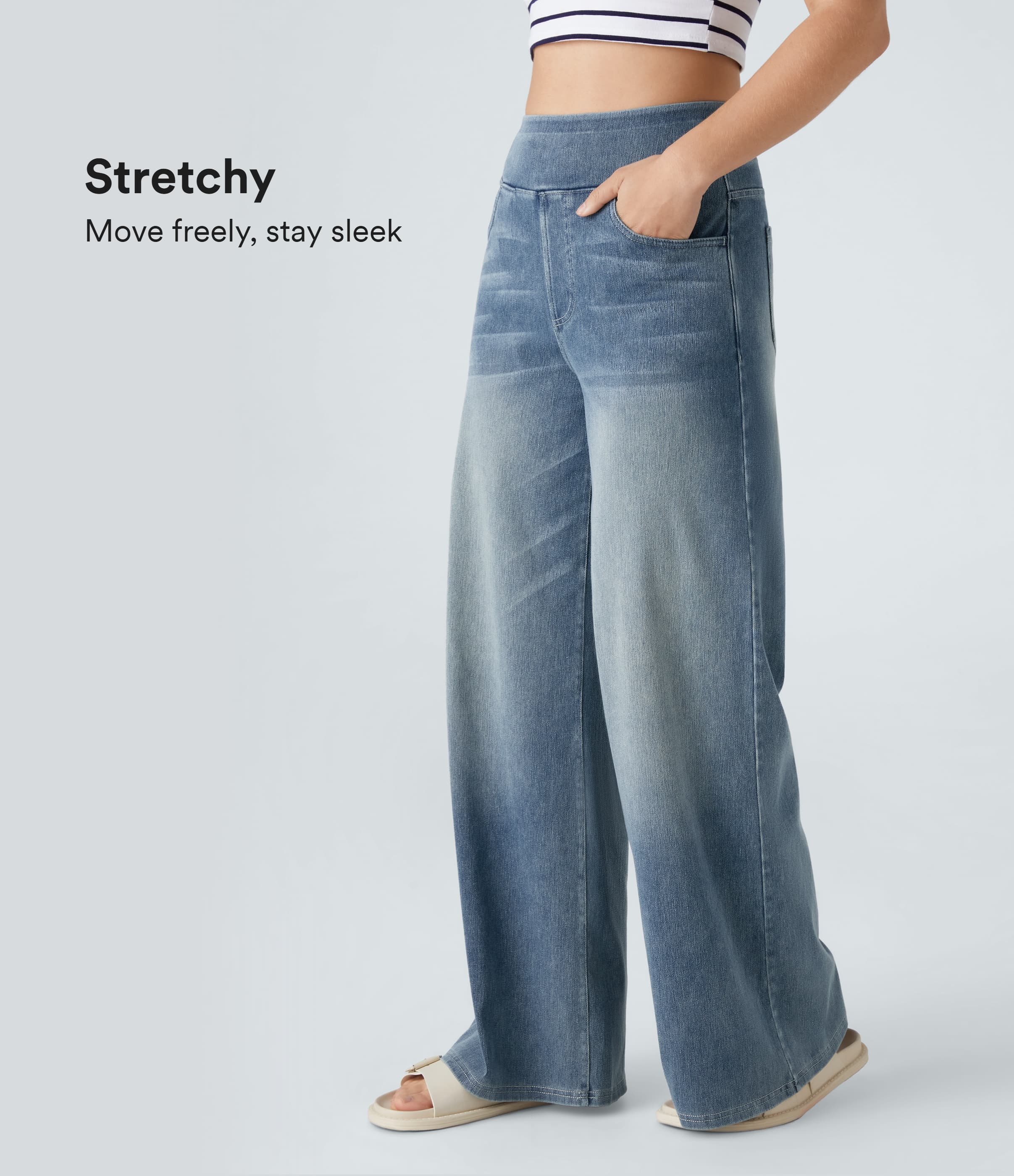 High Waisted Pockets Baggy Wide Leg Washed Casual Jeans