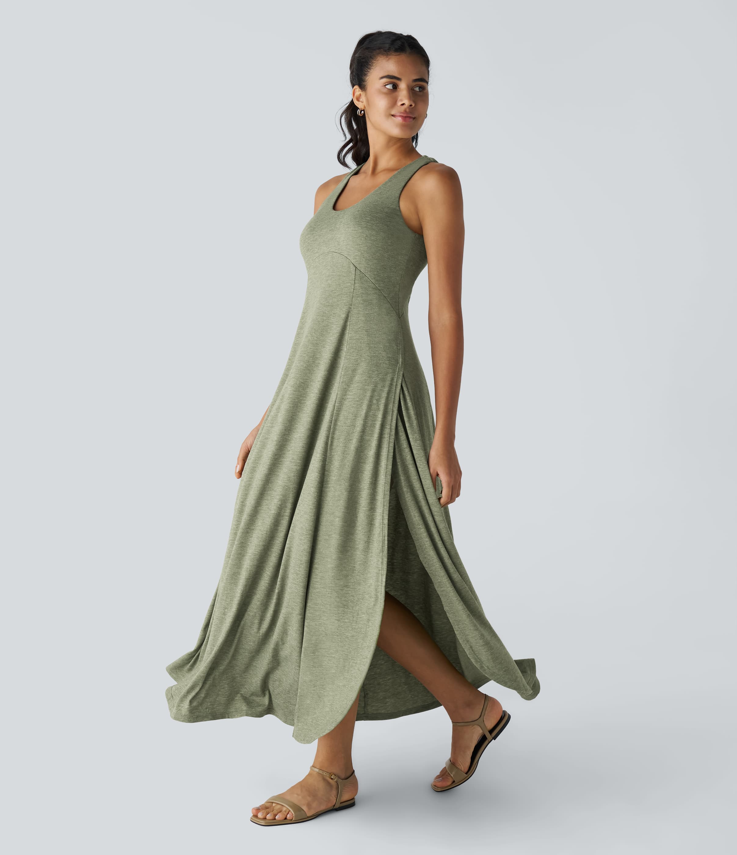 U Neck Backless Split Flowy Women Long Maxi Casual Tank Dress