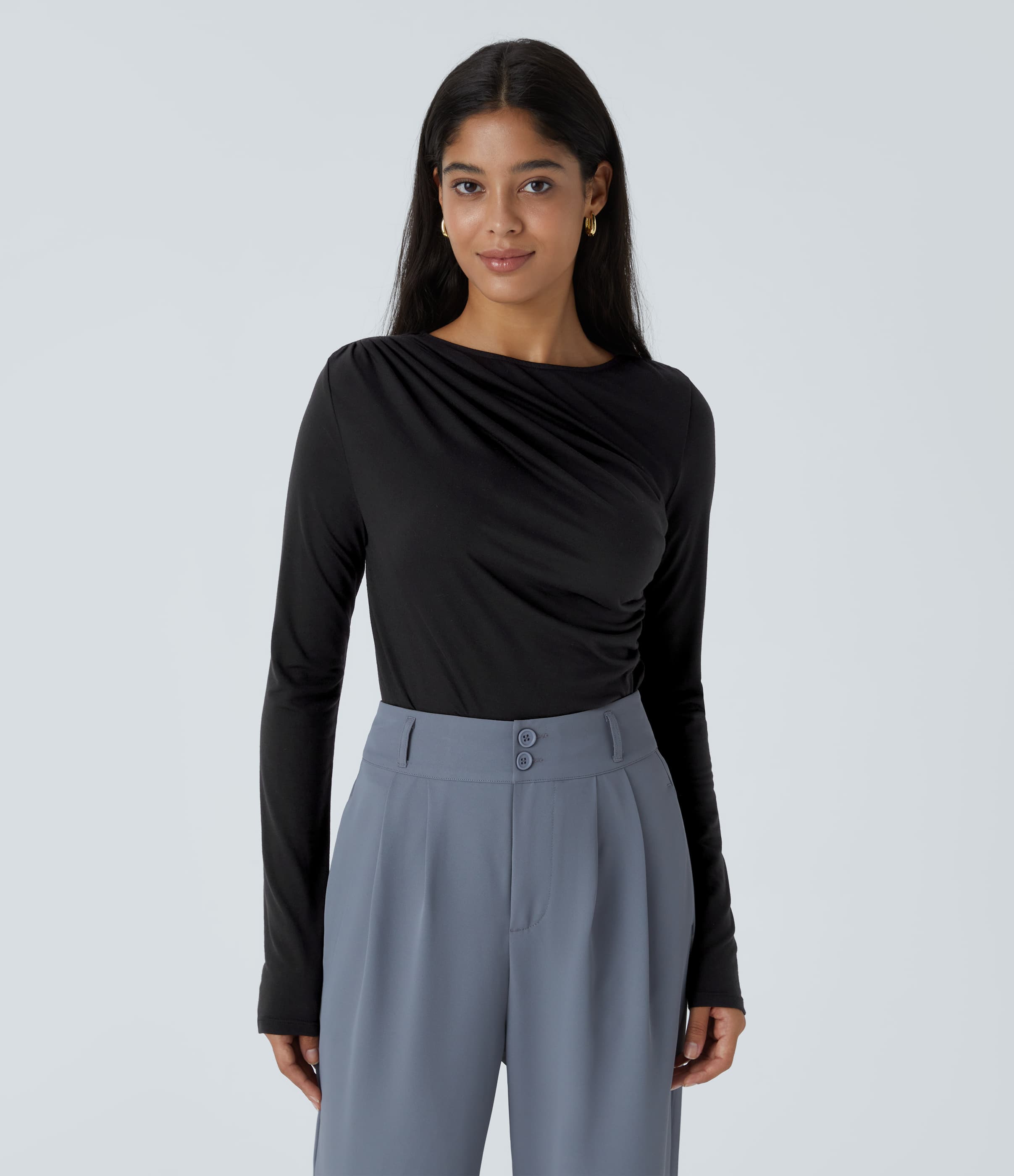 Long Sleeve Asymmetric Ruched Work Top