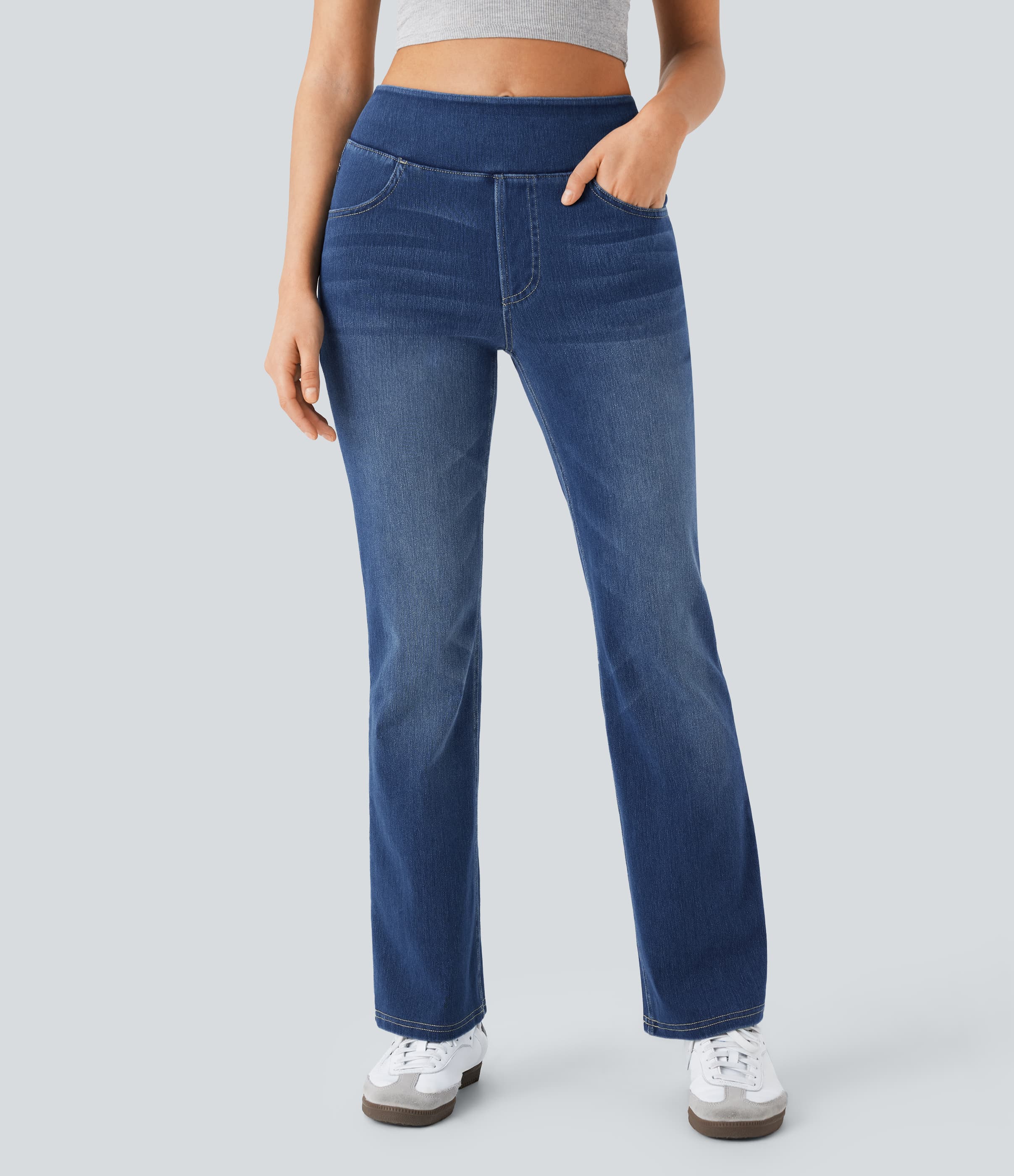 High Waisted Pockets Washed Casual Bootcut Jeans