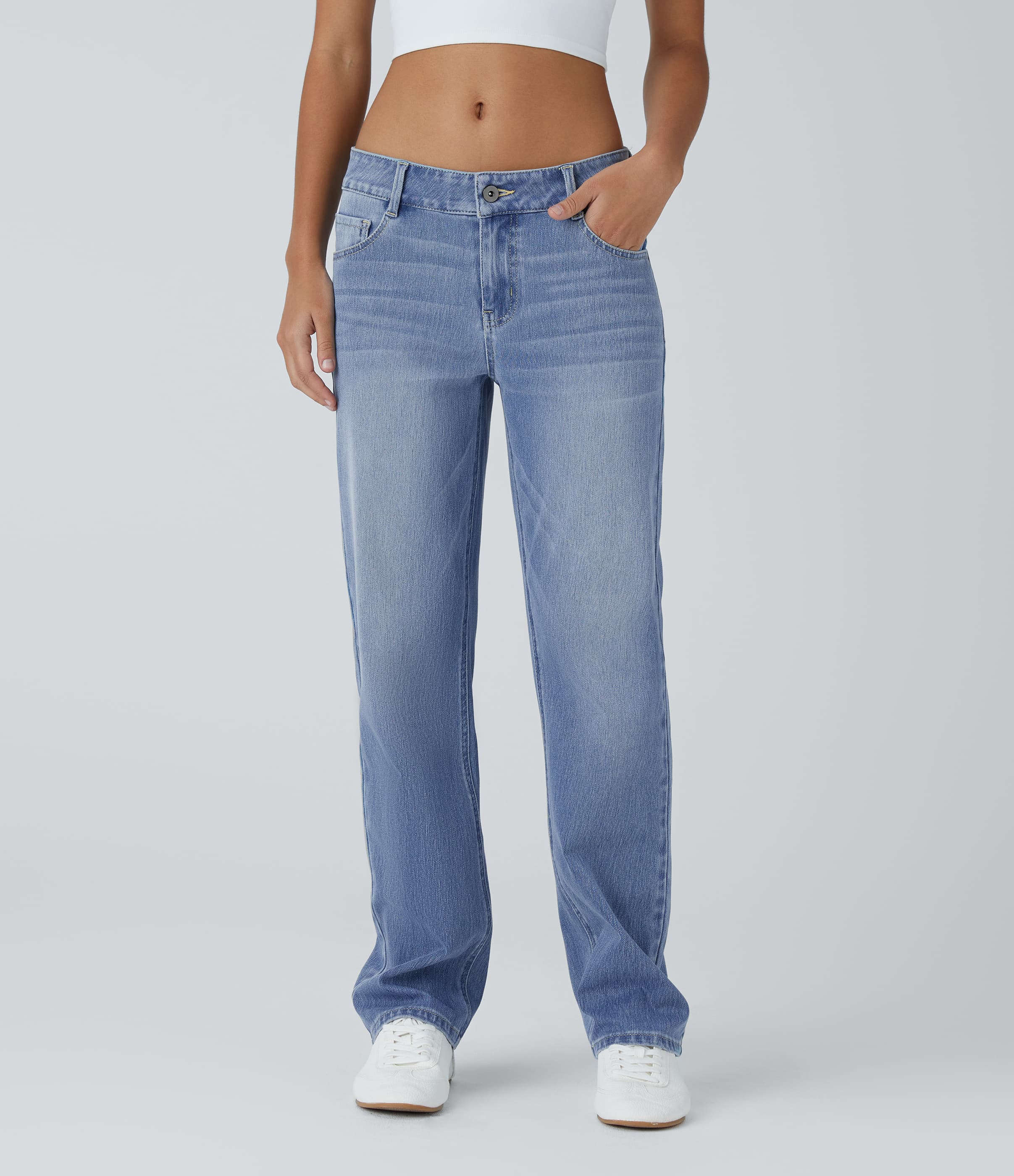 Low Rise Zipper Pockets Straight Leg Washed Casual Jeans