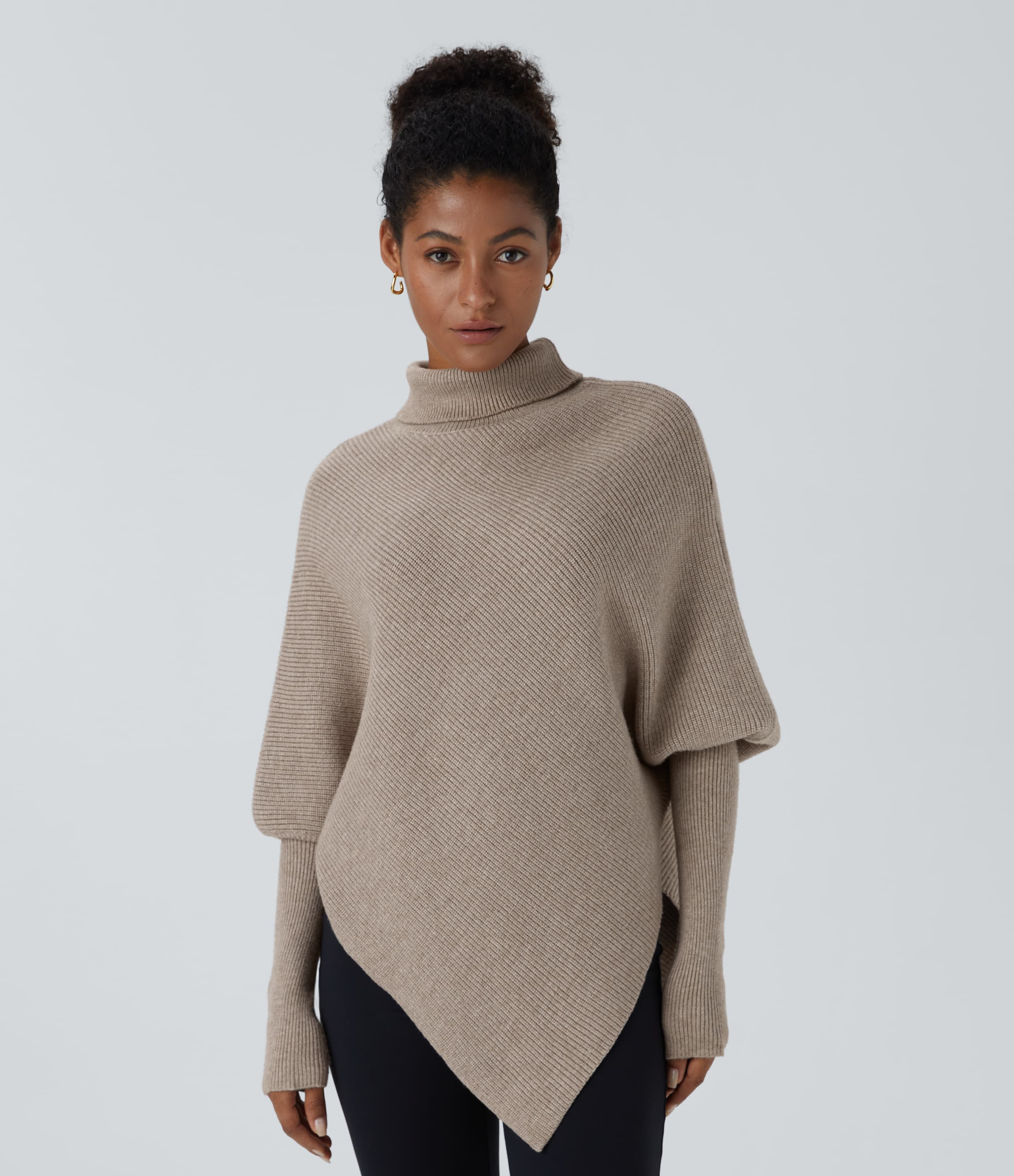 High Neck Long Sleeve Asymmetric Hem Women Work Knit Sweater