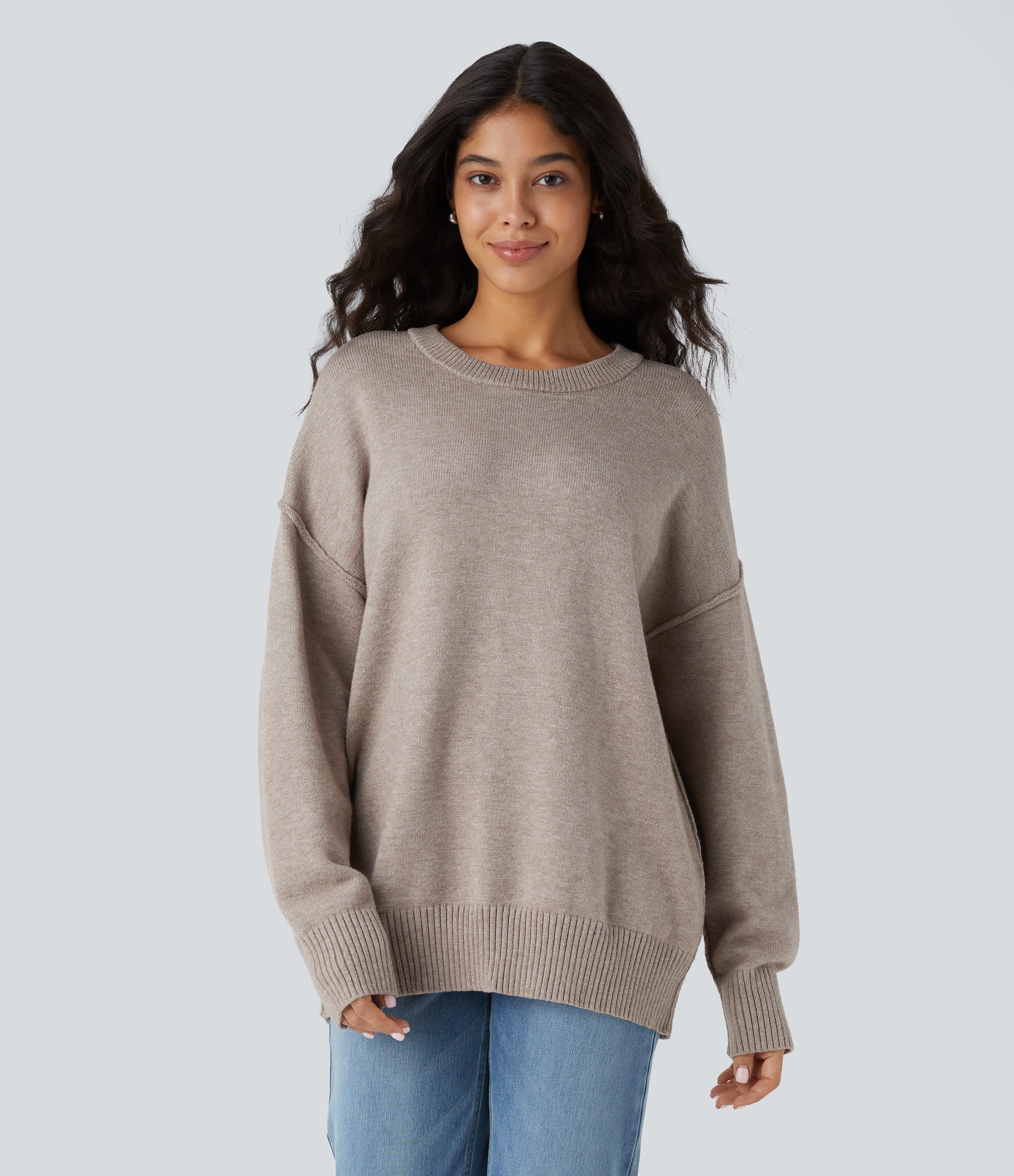 Crew Neck Dropped Shoulder Long Sleeve Women Casual Knit Sweater