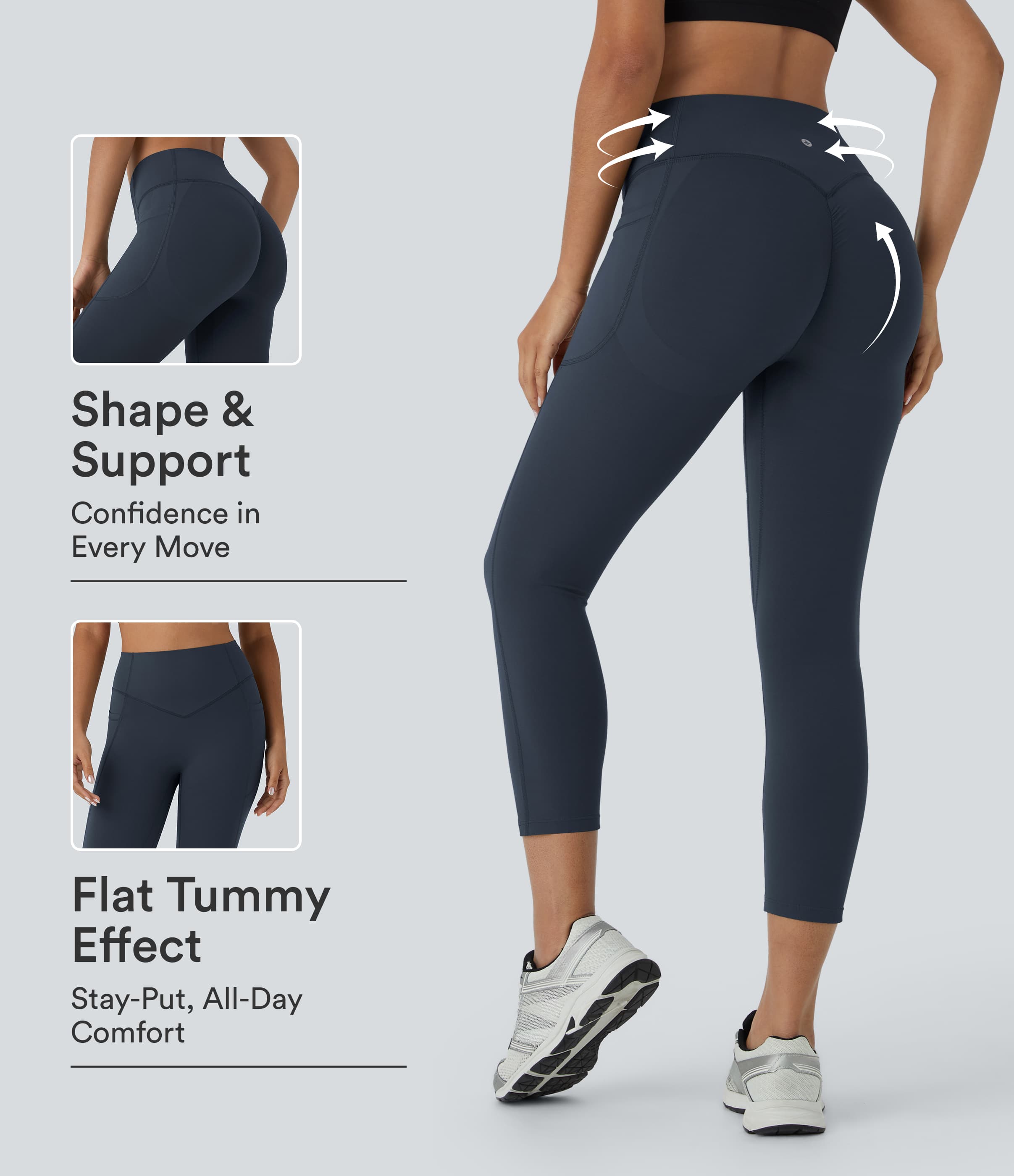 High Waisted Scrunch Butt Lifting Tummy Control Pocket Shaping Capri Women Active Leggings