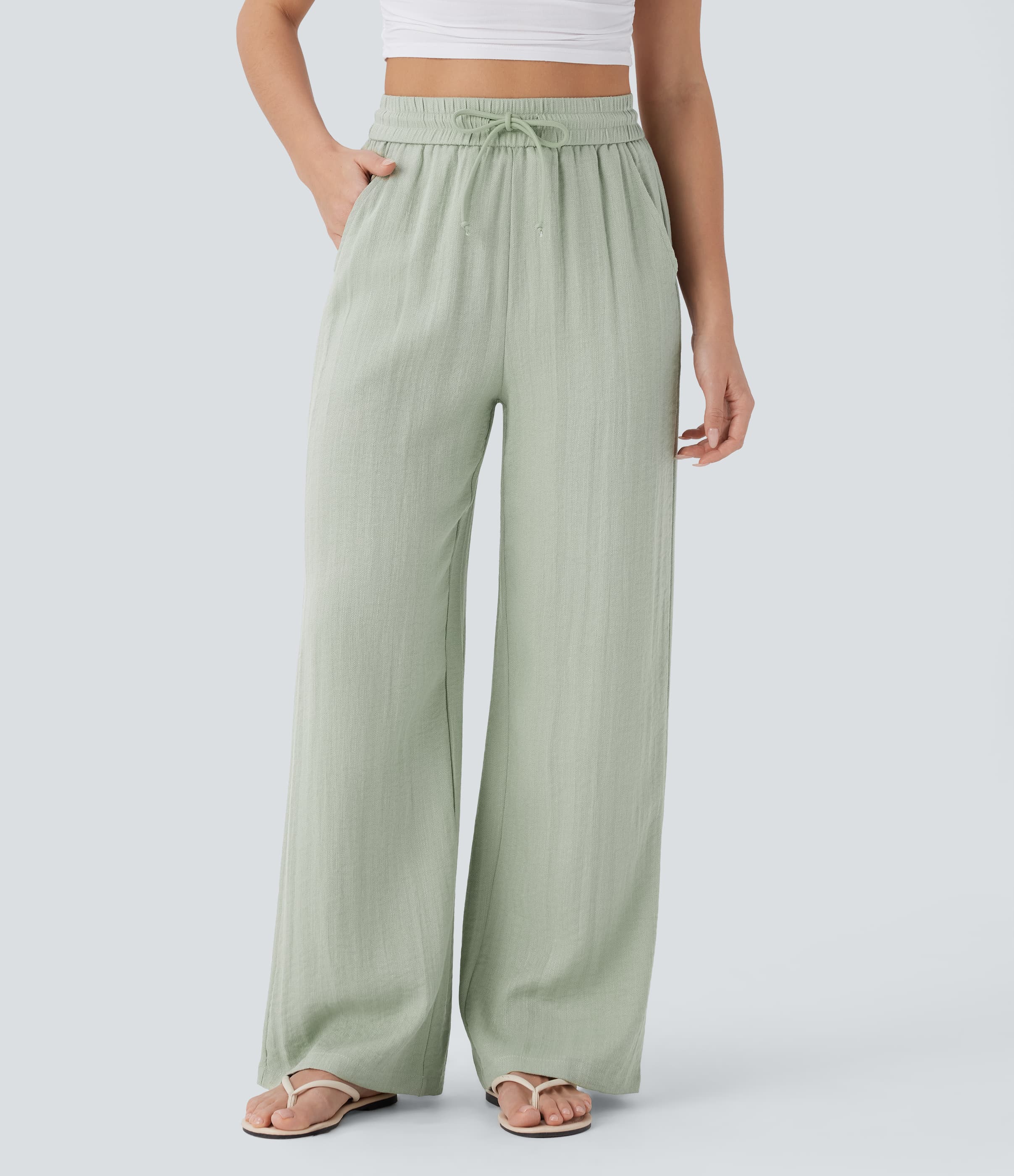 High Waisted Drawstring Pocket Wide Leg Baggy Casual Linen-Feel Pants