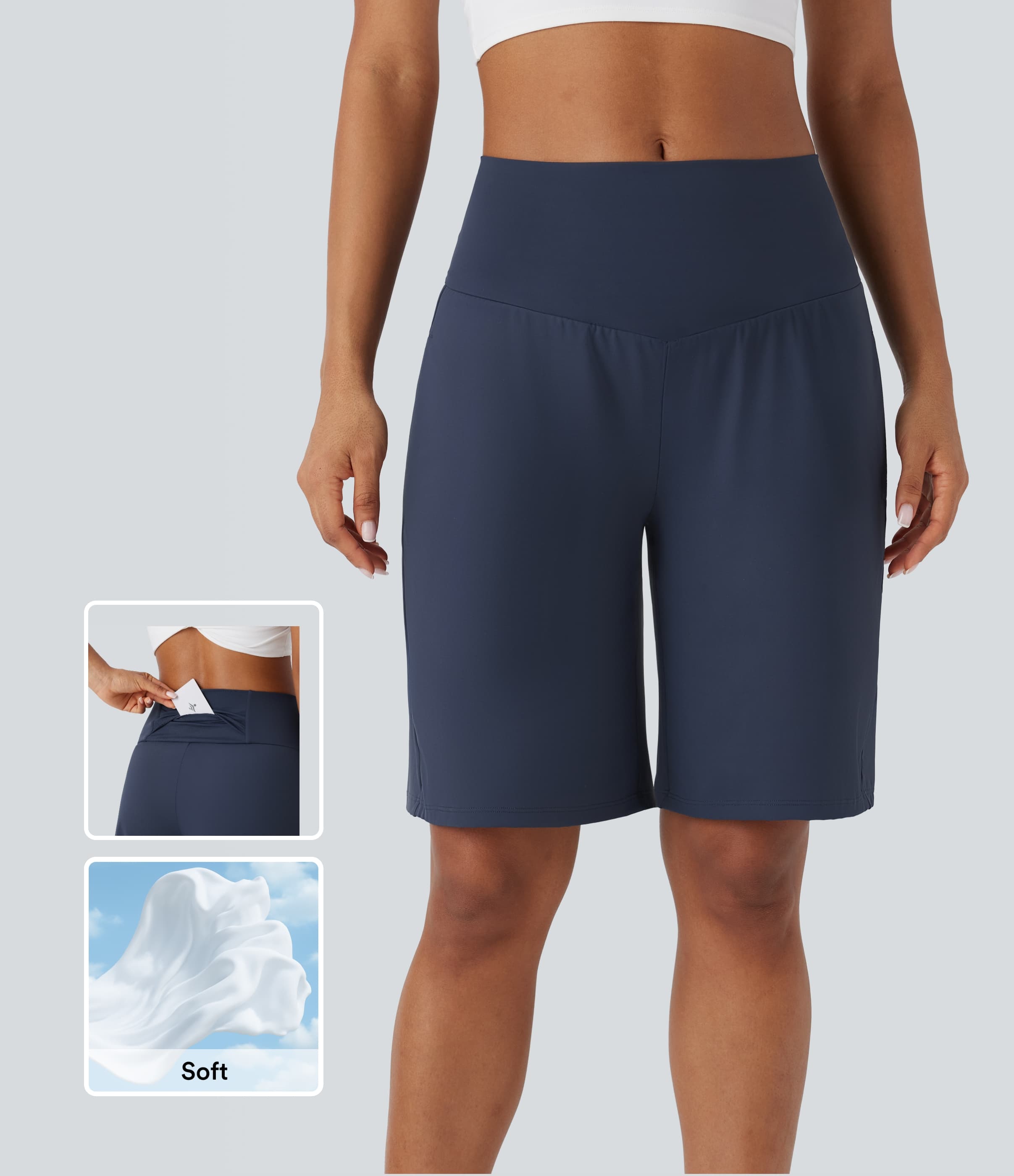 Airy High Waisted Pockets Cool Touch Yoga Bermuda Running Shorts