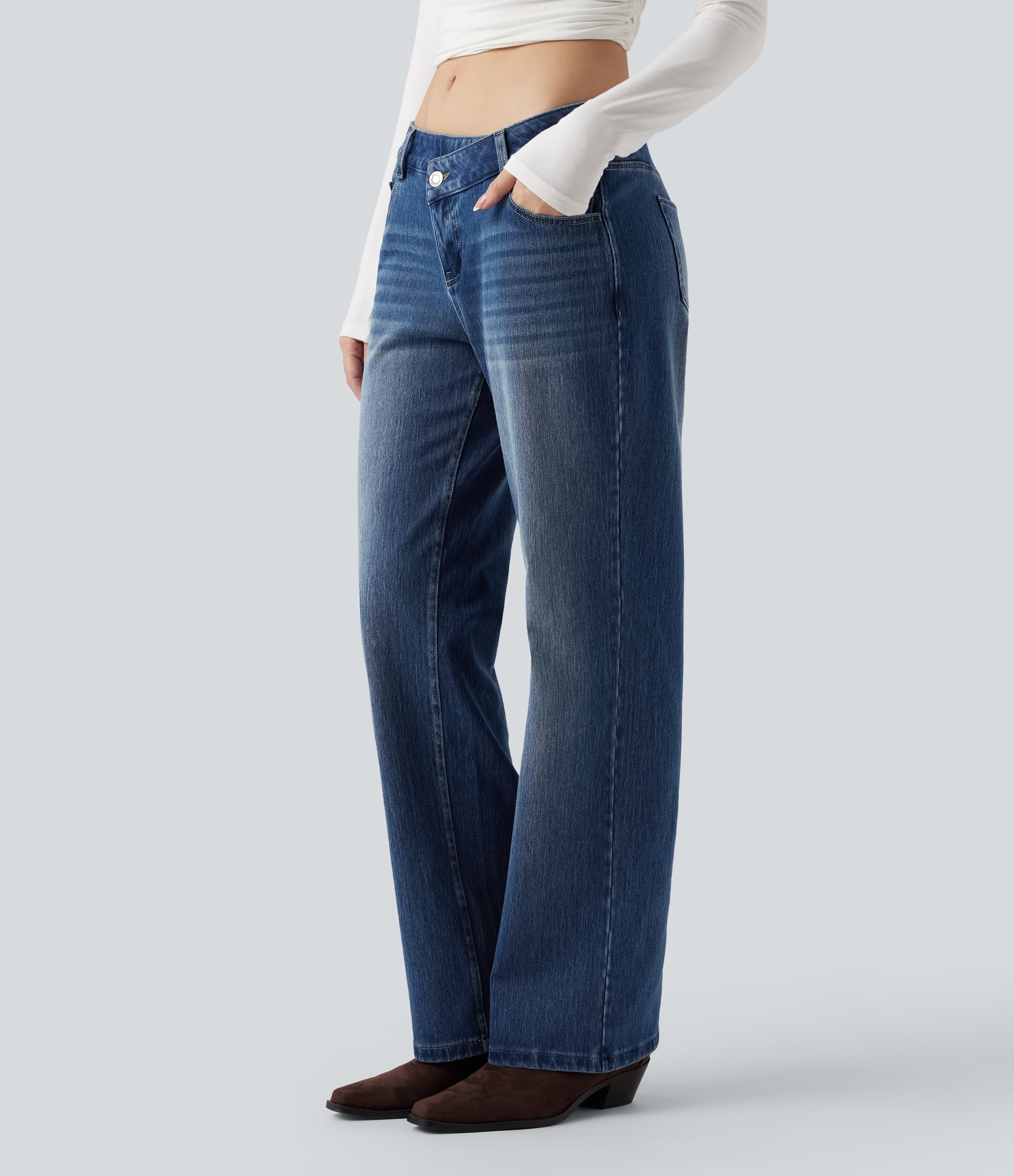 Asymmetric Low Rise Straight Leg Casual Jeans with Pockets