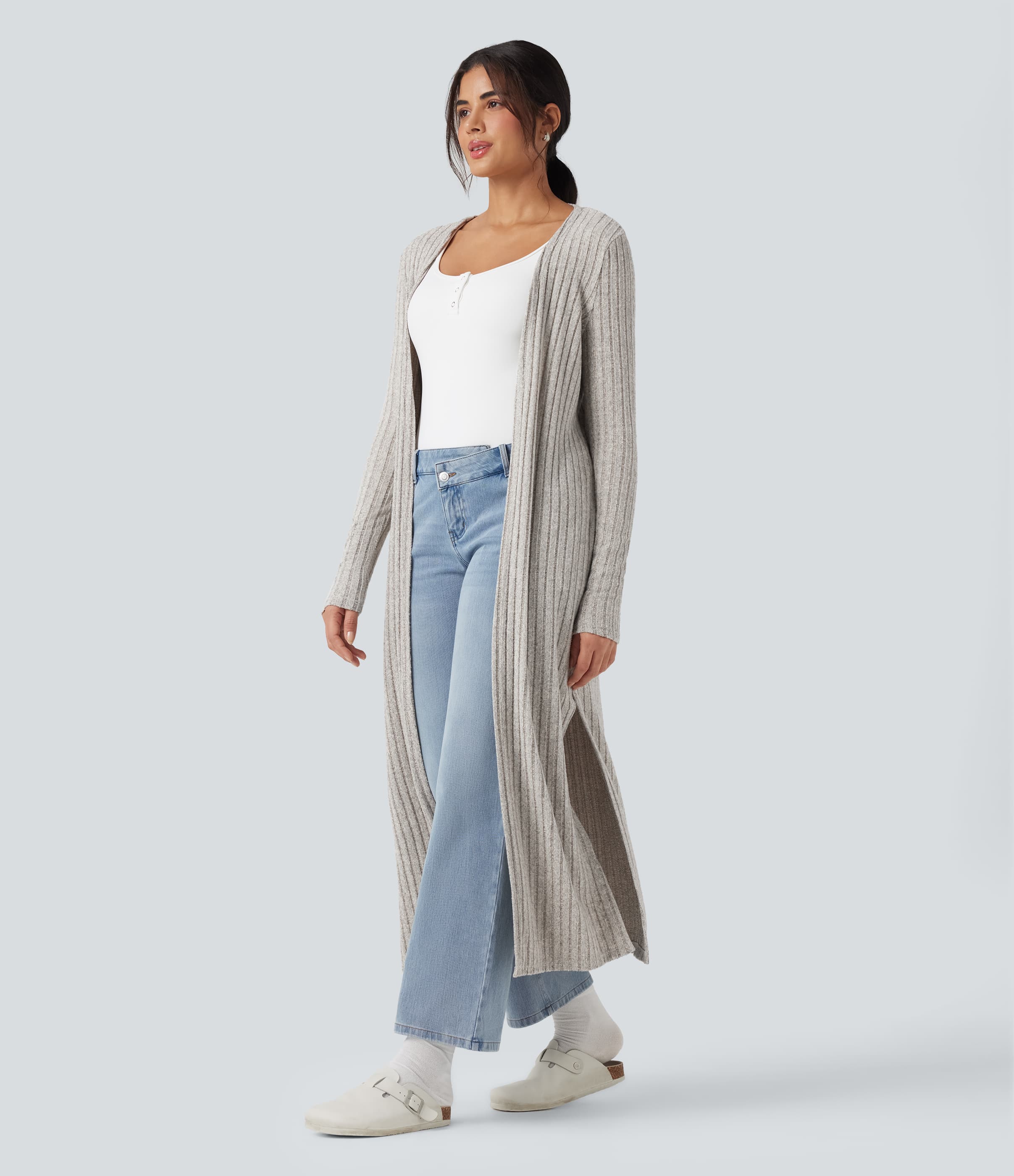Ribbed Knit Long Sleeve Split Women Casual Long Coat