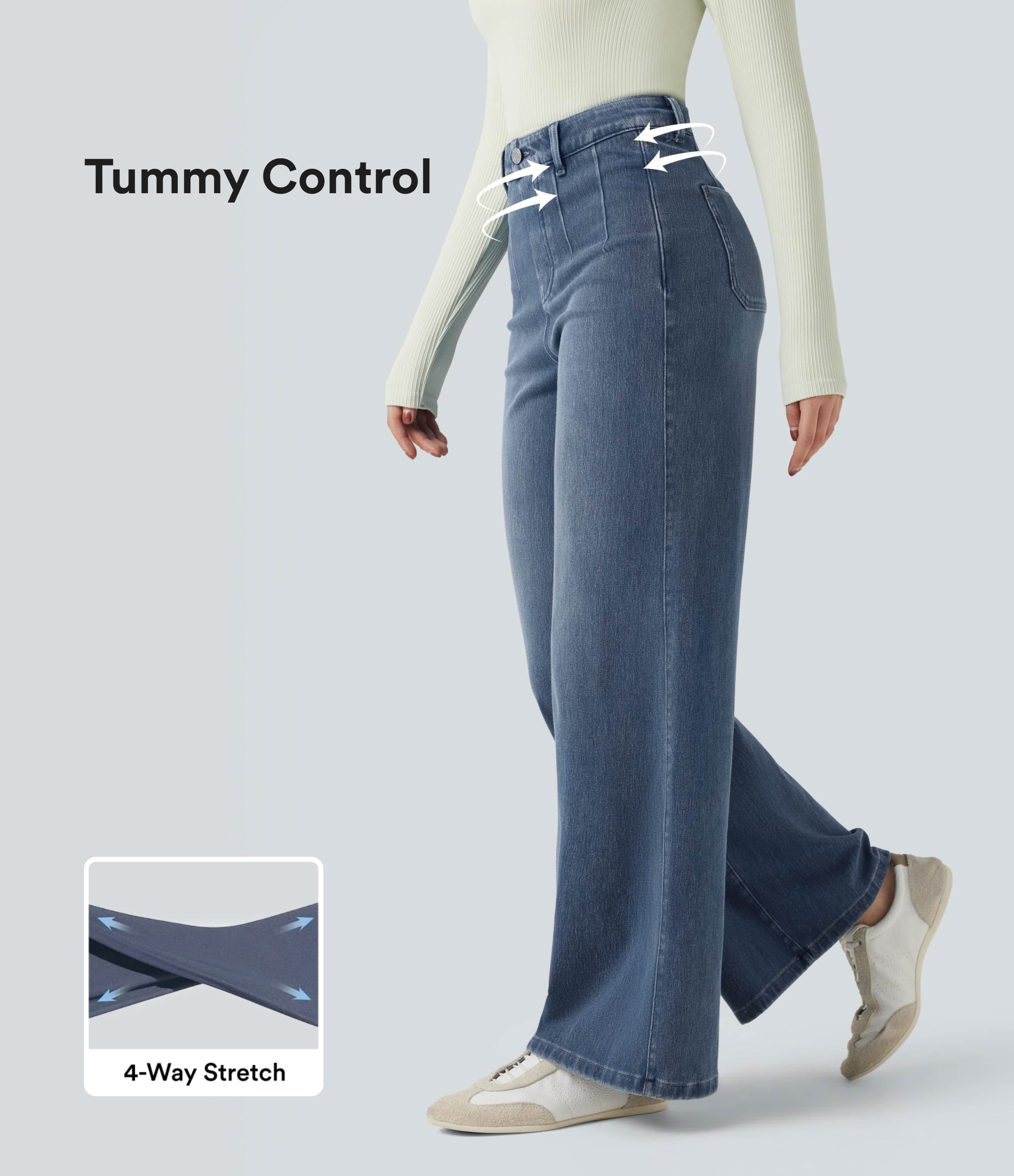 High Waisted Tummy Control Wide Leg Casual Jeans with Pockets