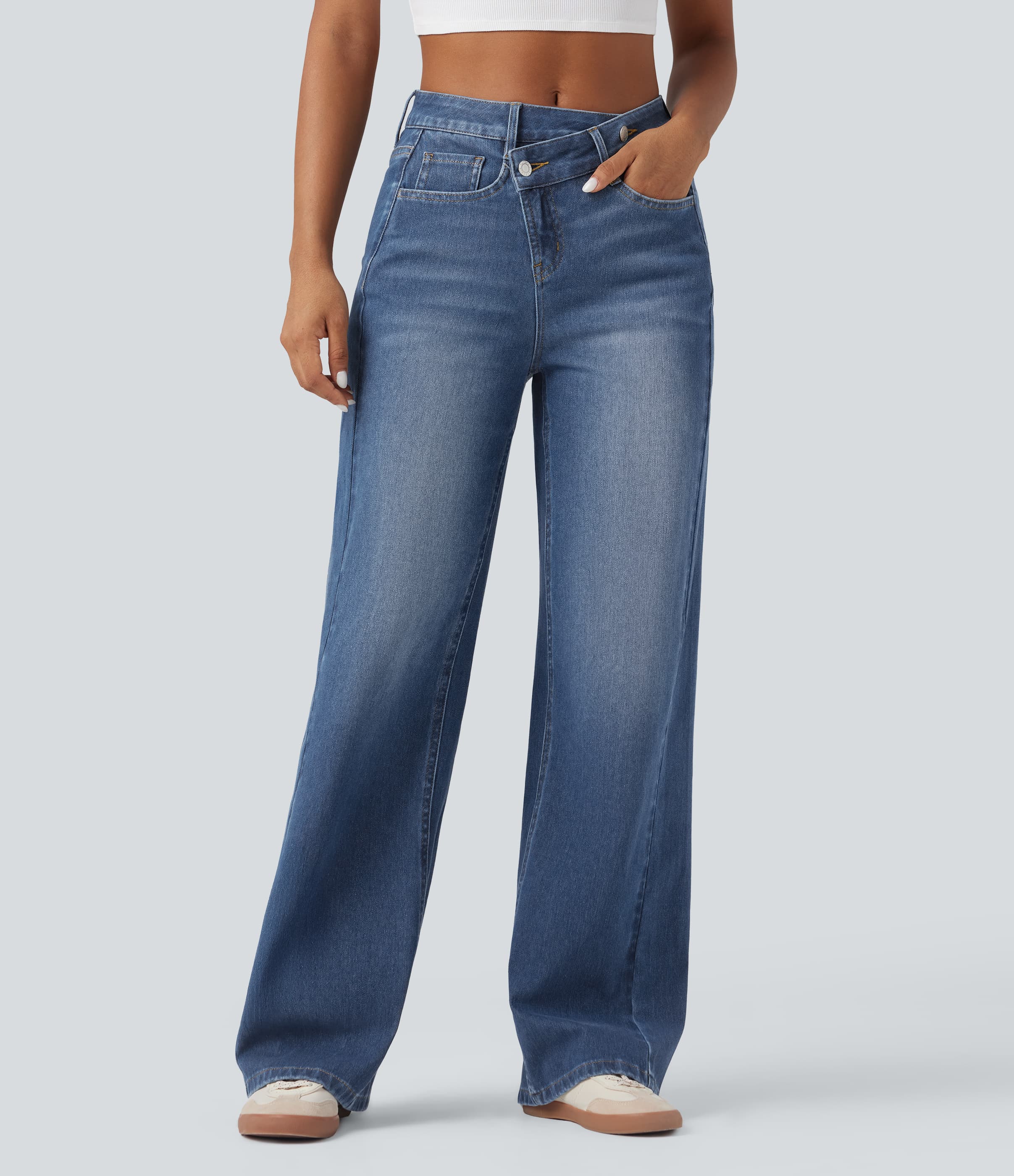Asymmetric High Waisted Washed Women Casual Baggy Denim Jeans with Pockets