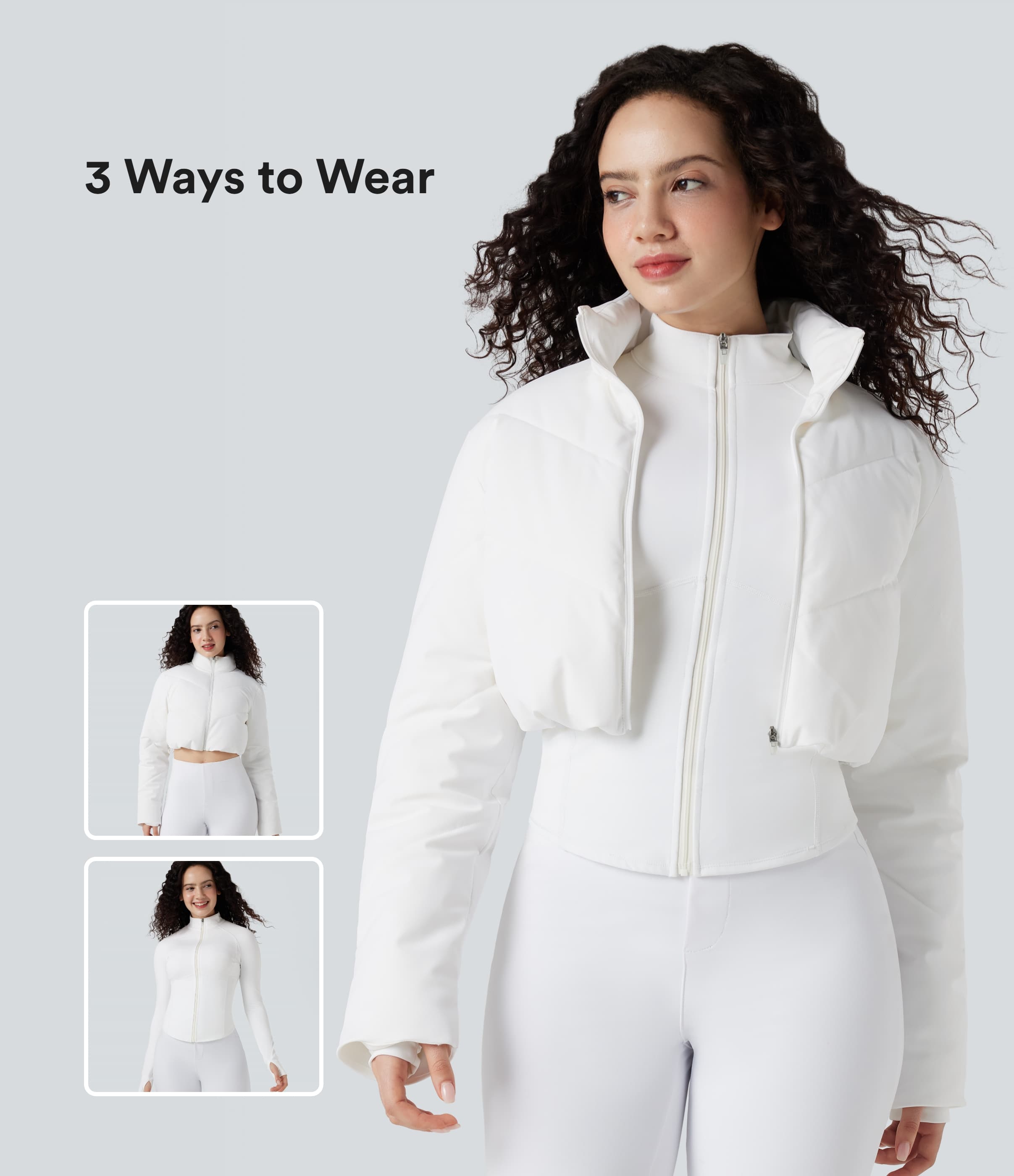 PuffFlex 3-in-1 Stand Collar Casual Cropped Puffer Coat & Thumb Holes Curved Hem Jacket with Pocket