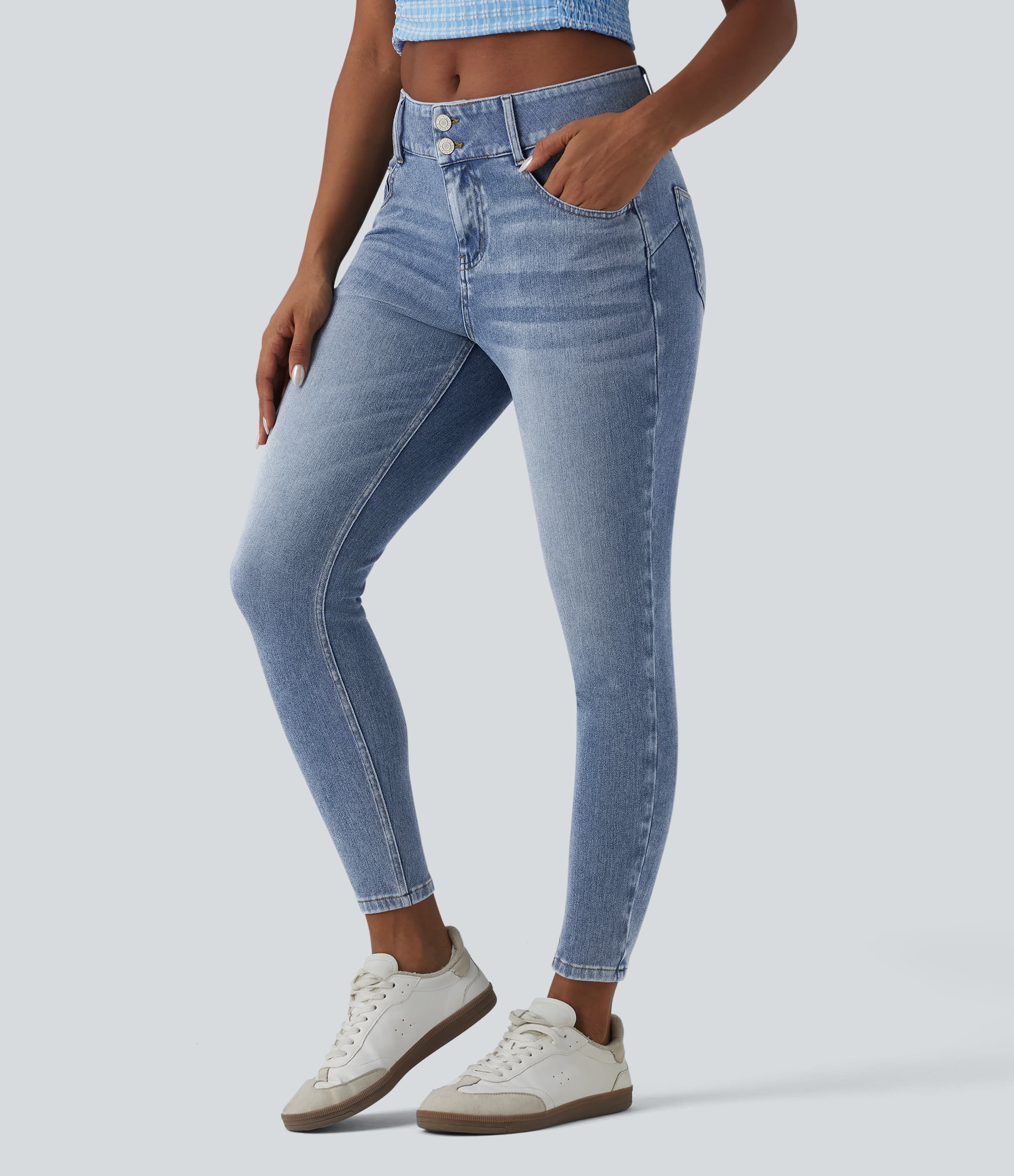 Mid Rise Draped Lyocell Washed Skinny Casual Jeans with Pockets