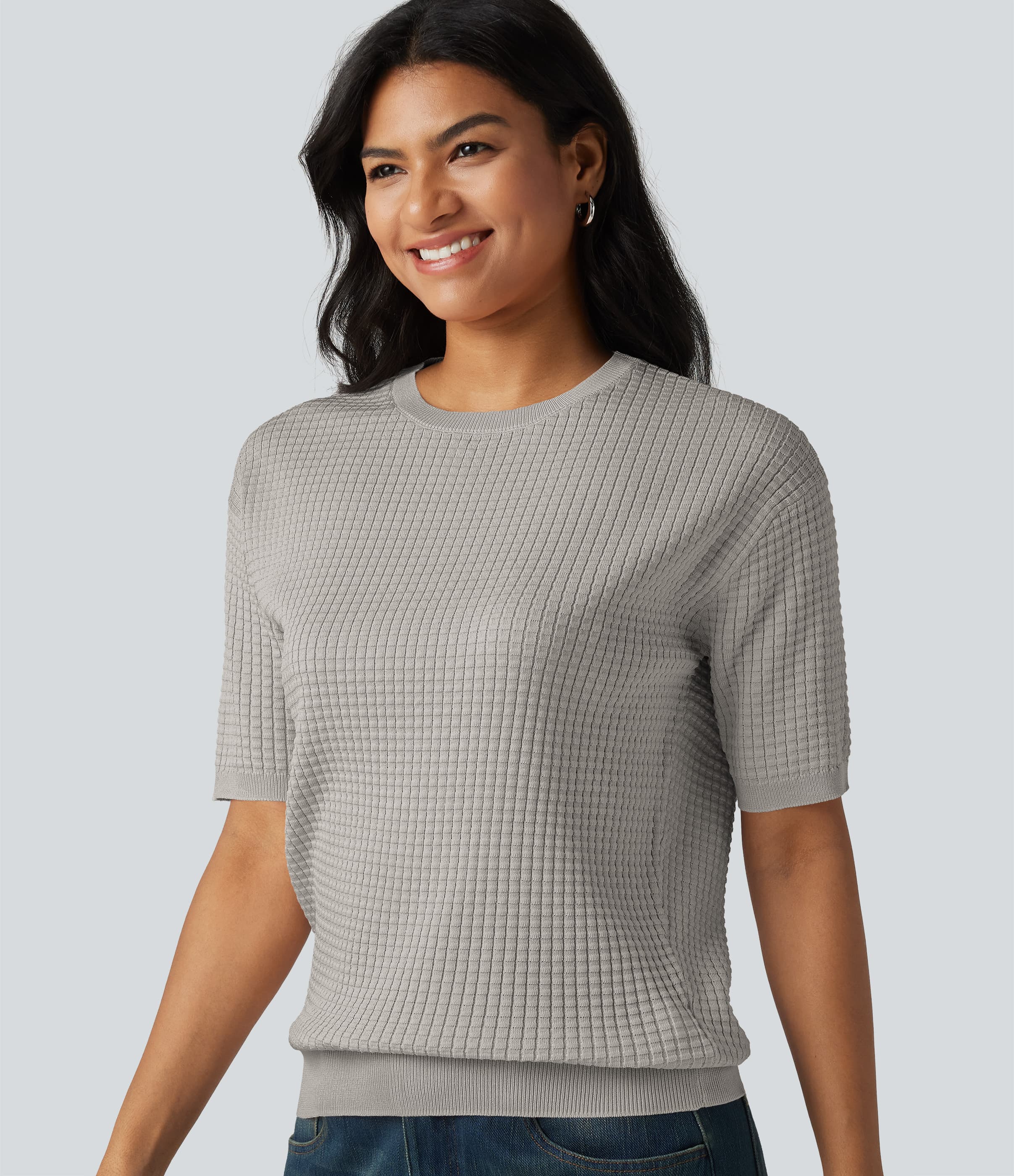 Round Neck Short Sleeve Waffle Casual Sweater in Tracing Gray