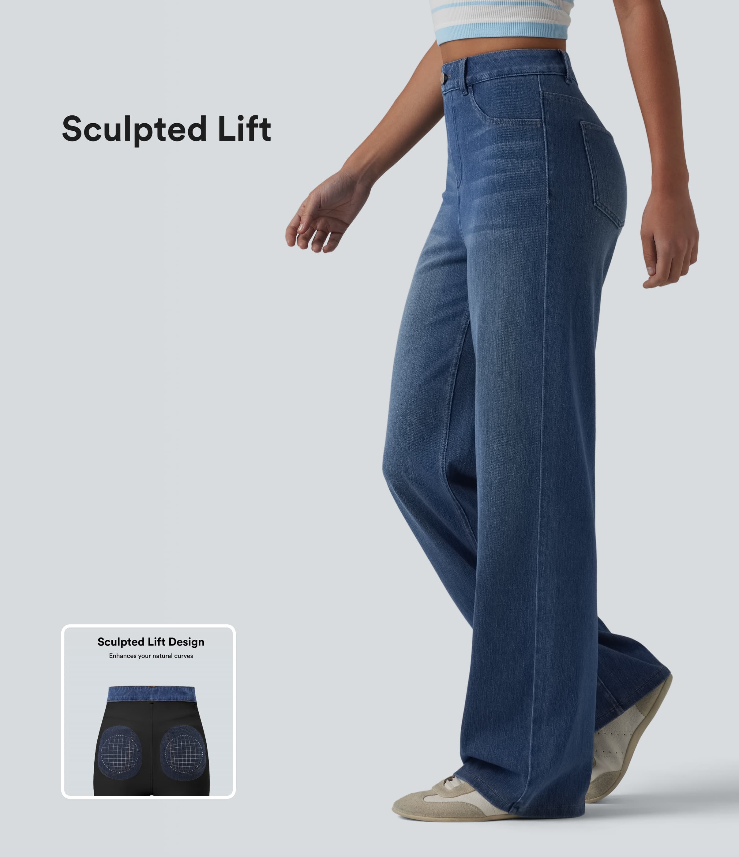 High Waisted Sculpted Lift Design Straight Leg Casual Jeans with Pockets